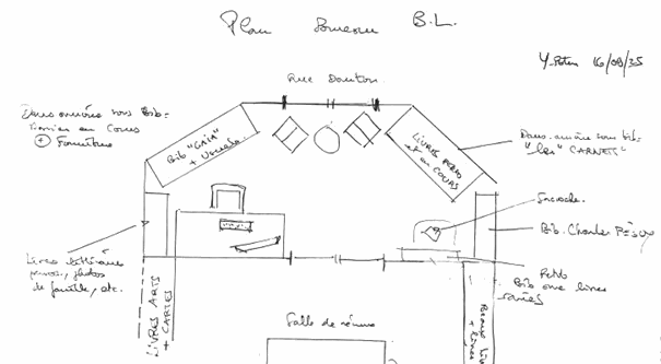 Bureau de Bruno Latour, relevé manuscrit (réalisé par Yann Potin, 2025), Archives nationales.